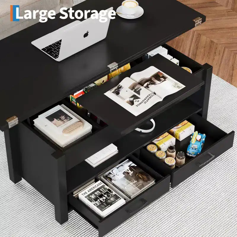 Tavolino da caffè da 40 pollici, Tavolino con piano sollevabile con cassetti e scomparto nascosto, Convertibile in tavolo da ufficio domestico, Tavolo da pranzo per soggiorno