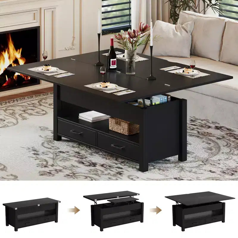 Tavolino da caffè da 40 pollici, Tavolino con piano sollevabile con cassetti e scomparto nascosto, Convertibile in tavolo da ufficio domestico, Tavolo da pranzo per soggiorno