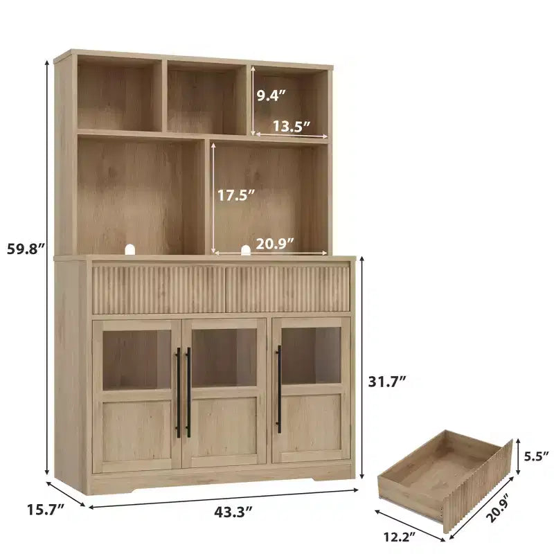 Mobile dispensa da cucina da 60", mobile dispensa alto da cucina con ante in vetro, mobile da cucina con cassetti per soggiorno, sala da pranzo