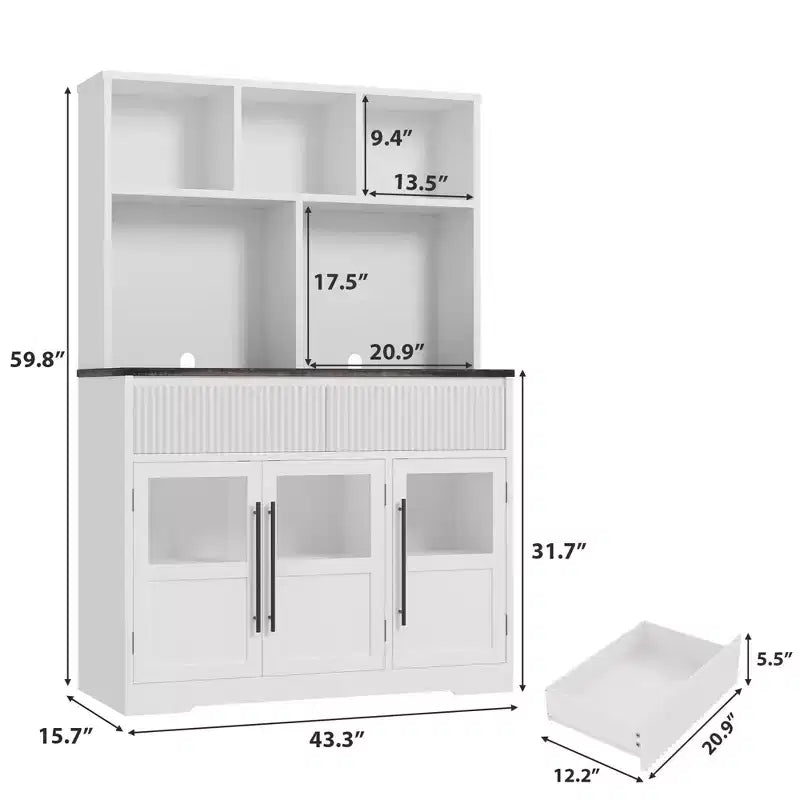 Mobile dispensa da cucina da 60", mobile dispensa alto da cucina con ante in vetro, mobile da cucina con cassetti per soggiorno, sala da pranzo