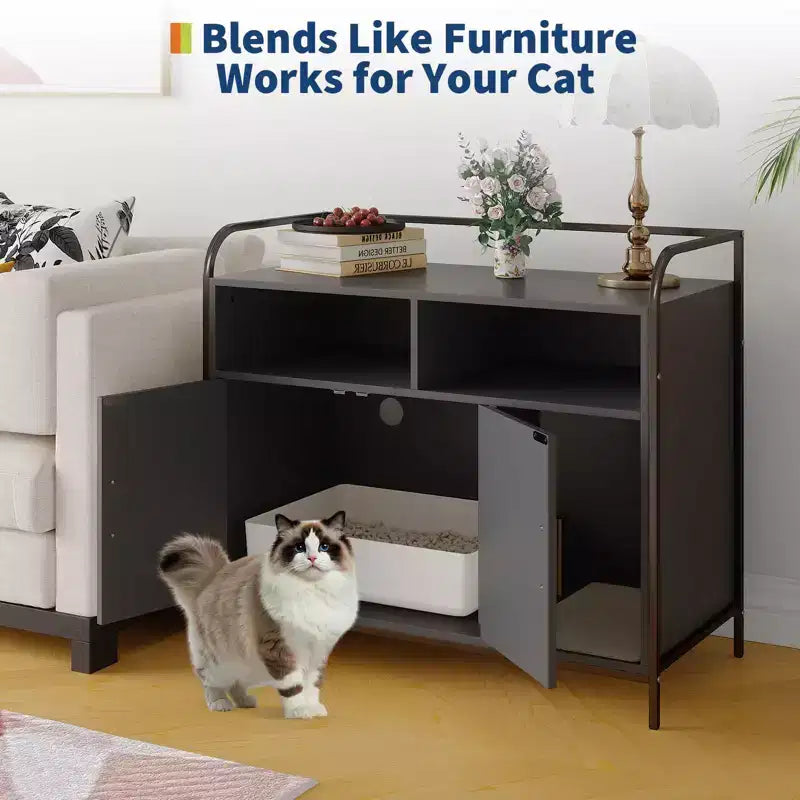 Cat Litter Box Enclosure, Multi-Functional Hidden Litter Cabinet with Barn Door, Ventilation Hole & Side Entry, Wooden for Indoor Cat