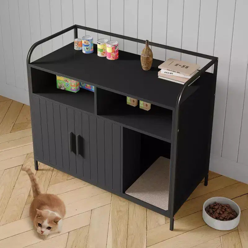 Cat Litter Box Enclosure, Multi-Functional Hidden Litter Cabinet with Barn Door, Ventilation Hole & Side Entry, Wooden for Indoor Cat