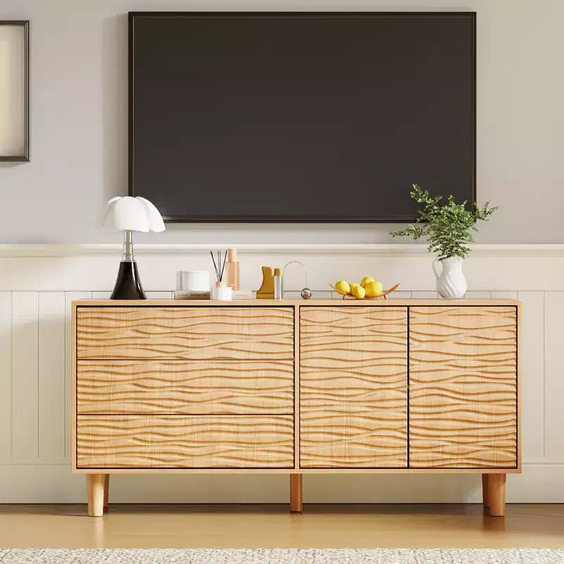 Credenza Madia Mid Century 61, Grande Credenza da Cucina con Design a Scanalature Ondulate, 3 Cassetti, 2 Ante e Ripiano Regolabile