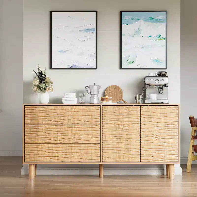 Credenza Madia Mid Century 61, Grande Credenza da Cucina con Design a Scanalature Ondulate, 3 Cassetti, 2 Ante e Ripiano Regolabile