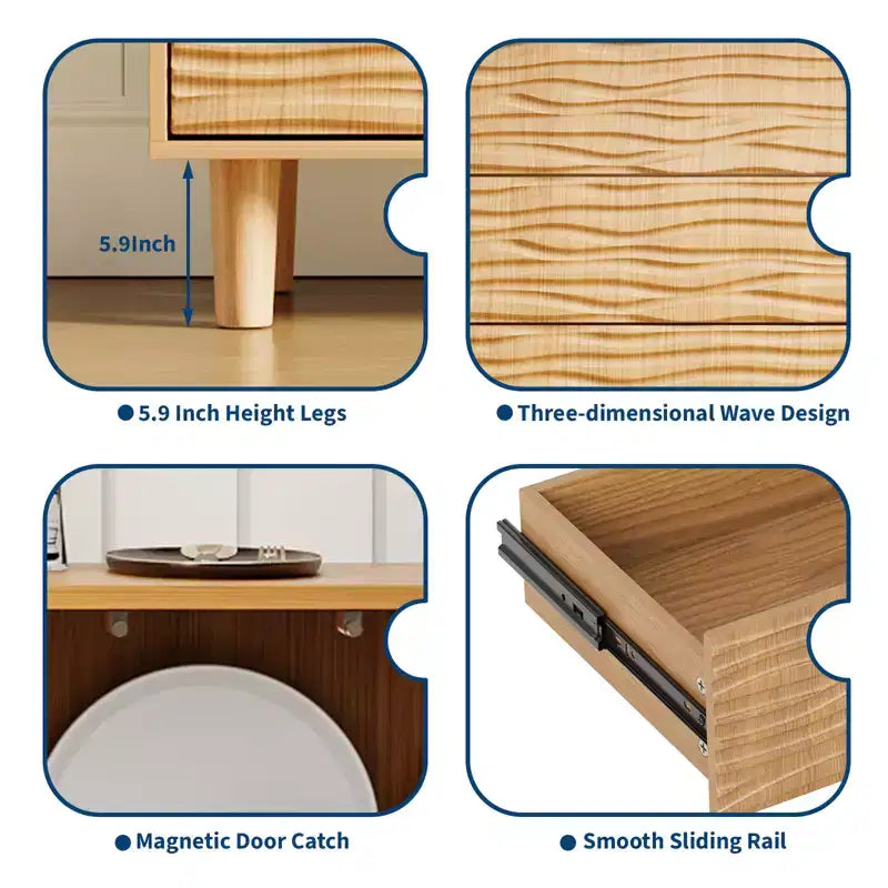 Credenza Madia Mid Century 61, Grande Credenza da Cucina con Design a Scanalature Ondulate, 3 Cassetti, 2 Ante e Ripiano Regolabile