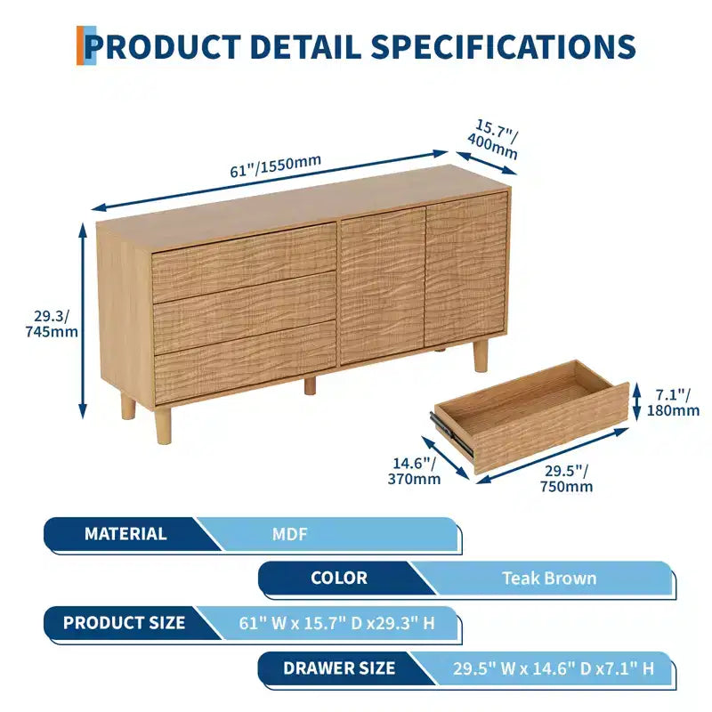 Credenza Madia Mid Century 61, Grande Credenza da Cucina con Design a Scanalature Ondulate, 3 Cassetti, 2 Ante e Ripiano Regolabile