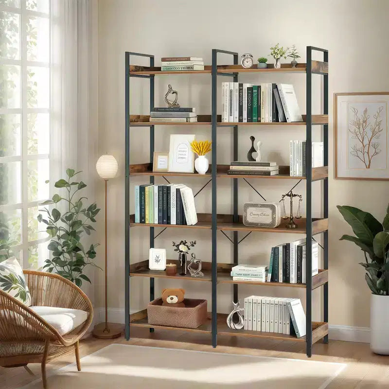 Libreria industriale a 6 ripiani (67) - Scaffali aperti in legno, libreria con struttura in metallo, espositore autoportante per casa e ufficio (marrone)