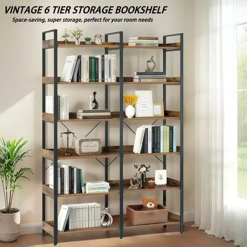 6-Tier Industrial Bookshelf (67) - Wooden Open Shelves, Metal Frame Bookcase, Freestanding Storage Display for Home & Office (Brown)