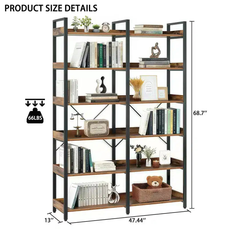 Libreria industriale a 6 ripiani (67) - Scaffali aperti in legno, libreria con struttura in metallo, espositore autoportante per casa e ufficio (marrone)