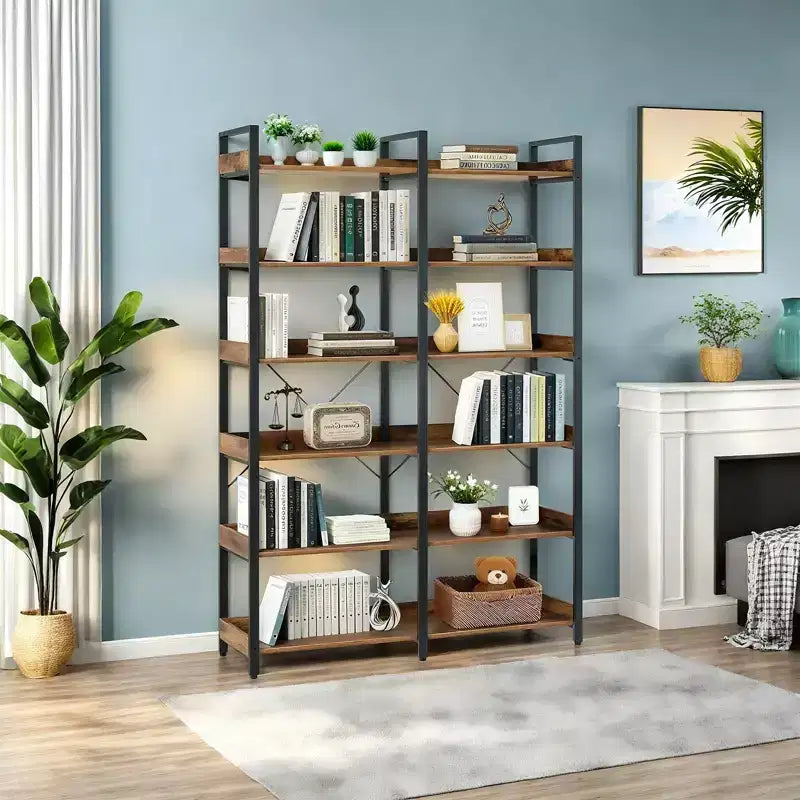 Libreria industriale a 6 ripiani (67) - Scaffali aperti in legno, libreria con struttura in metallo, espositore autoportante per casa e ufficio (marrone)