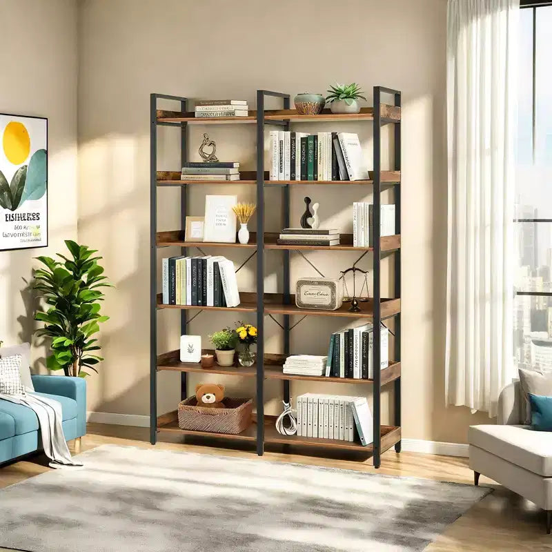 Libreria industriale a 6 ripiani (67) - Scaffali aperti in legno, libreria con struttura in metallo, espositore autoportante per casa e ufficio (marrone)