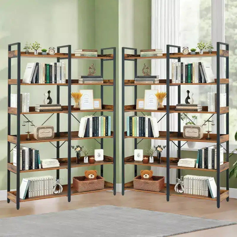 Libreria industriale a 6 ripiani (67) - Scaffali aperti in legno, libreria con struttura in metallo, espositore autoportante per casa e ufficio (marrone)