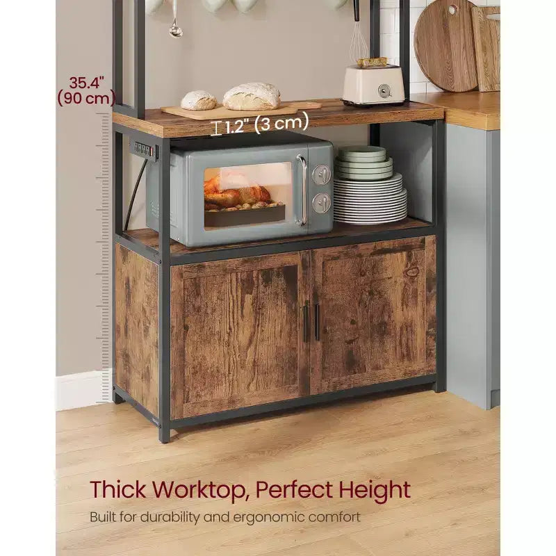 Scaffale da Cucina per Forno a Microonde con Presa di Corrente, Mobile Bar Caffè con Piano di Lavoro Alto 90 cm, Porta Microonde con 8 Ganci