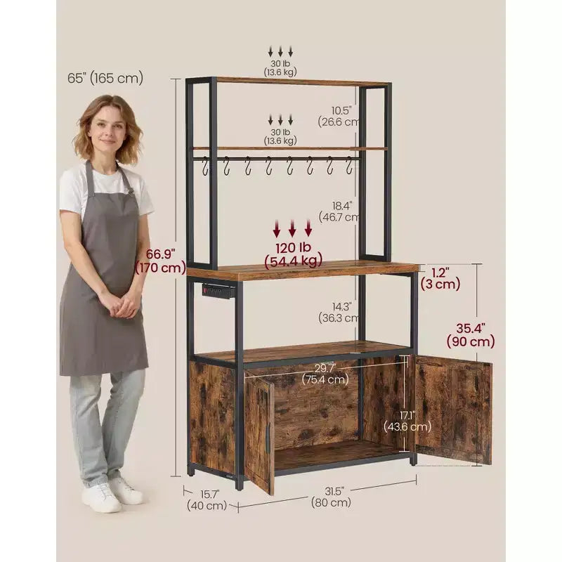 Scaffale da Cucina per Forno a Microonde con Presa di Corrente, Mobile Bar Caffè con Piano di Lavoro Alto 90 cm, Porta Microonde con 8 Ganci