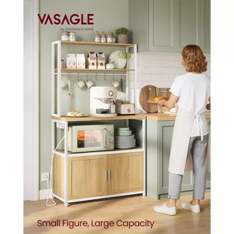 Scaffale da Cucina per Forno a Microonde con Presa di Corrente, Mobile Bar Caffè con Piano di Lavoro Alto 90 cm, Porta Microonde con 8 Ganci