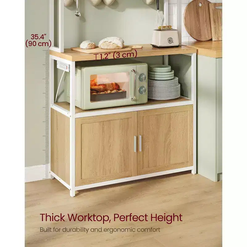 Scaffale da Cucina per Forno a Microonde con Presa di Corrente, Mobile Bar Caffè con Piano di Lavoro Alto 90 cm, Porta Microonde con 8 Ganci