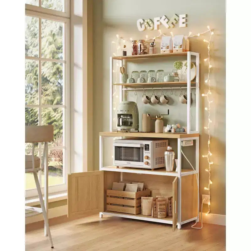 Scaffale da Cucina per Forno a Microonde con Presa di Corrente, Mobile Bar Caffè con Piano di Lavoro Alto 90 cm, Porta Microonde con 8 Ganci