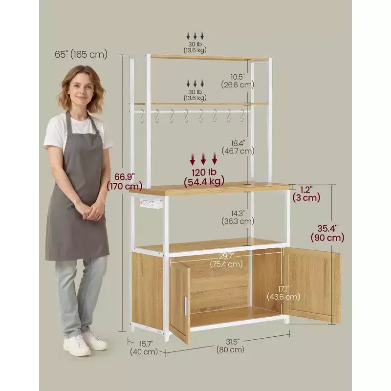 Scaffale da Cucina per Forno a Microonde con Presa di Corrente, Mobile Bar Caffè con Piano di Lavoro Alto 90 cm, Porta Microonde con 8 Ganci