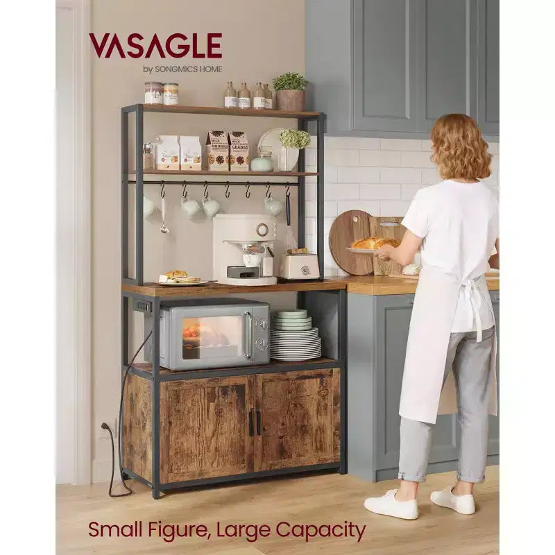 Scaffale da Cucina per Forno a Microonde con Presa di Corrente, Mobile Bar Caffè con Piano di Lavoro Alto 90 cm, Porta Microonde con 8 Ganci