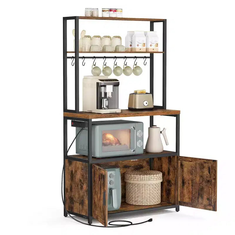 Scaffale da Cucina per Forno a Microonde con Presa di Corrente, Mobile Bar Caffè con Piano di Lavoro Alto 90 cm, Porta Microonde con 8 Ganci