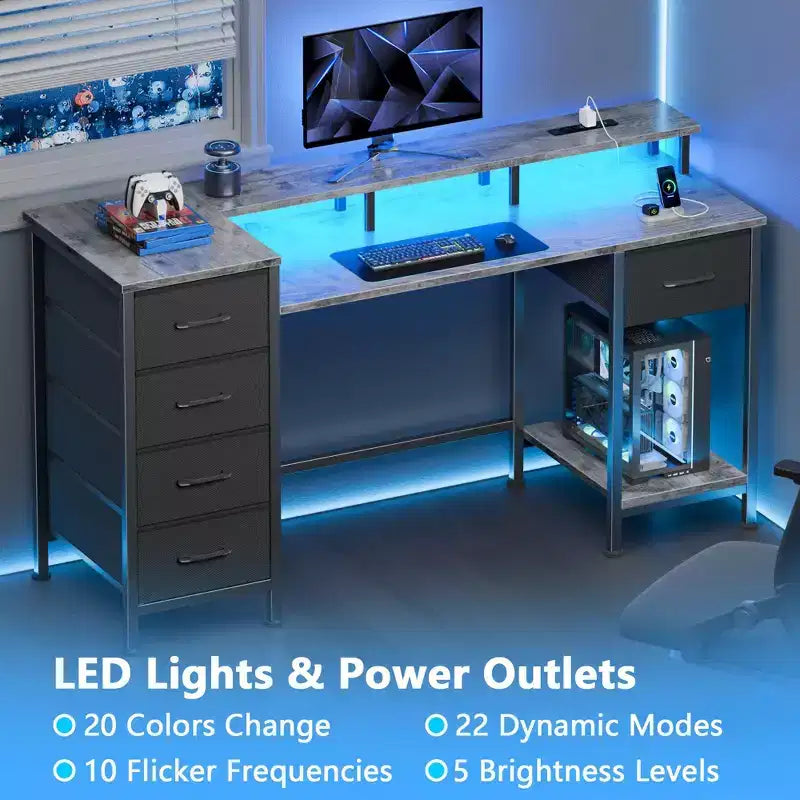 Scrivania da Computer Grigia da 47 Pollici con Stazione di Ricarica, Scrivania da Gaming Reversibile, Luci LED, 5 Cassetti in Tessuto, Supporto per Monitor, Tavolo da Scrittura per Ufficio Domestico