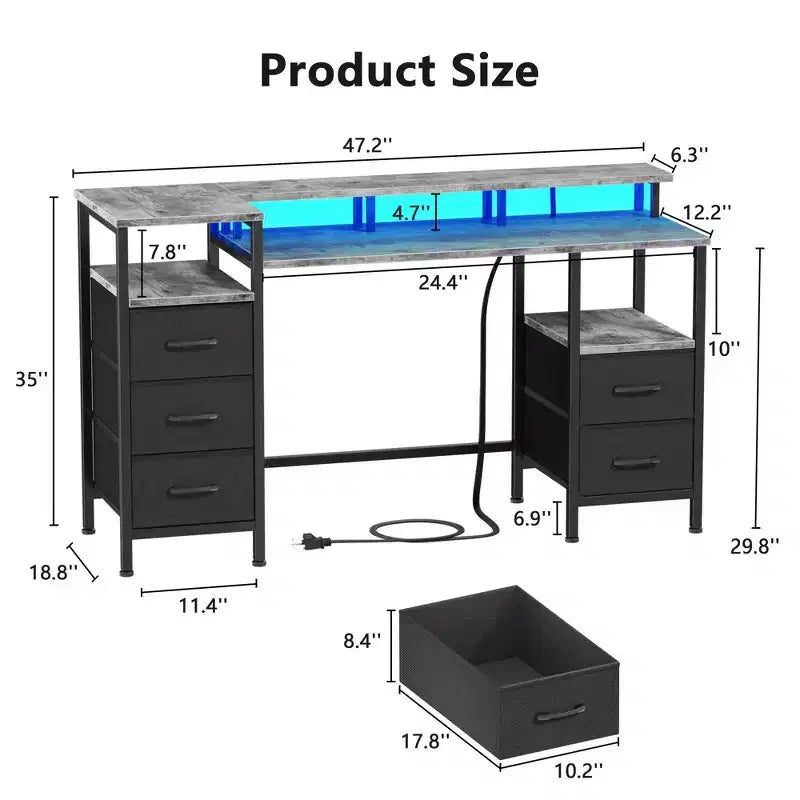 47 Inch Grey Computer Desk with Charging Station Reversible Gaming Desk LED Lights 5 Fabric Drawers Monitor Stand Home Office Writing Table