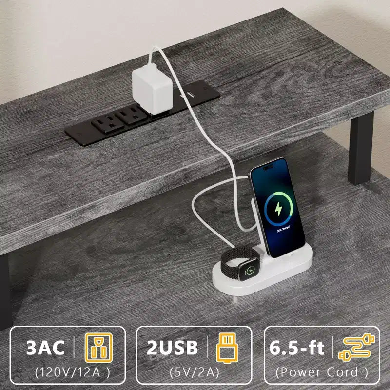 Scrivania da Computer Grigia da 47 Pollici con Stazione di Ricarica, Scrivania da Gaming Reversibile, Luci LED, 5 Cassetti in Tessuto, Supporto per Monitor, Tavolo da Scrittura per Ufficio Domestico