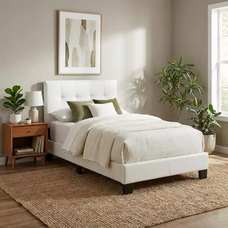 Contemporary Faux Leather Platform Bed Frame with Adjustable Rectangle Headboard