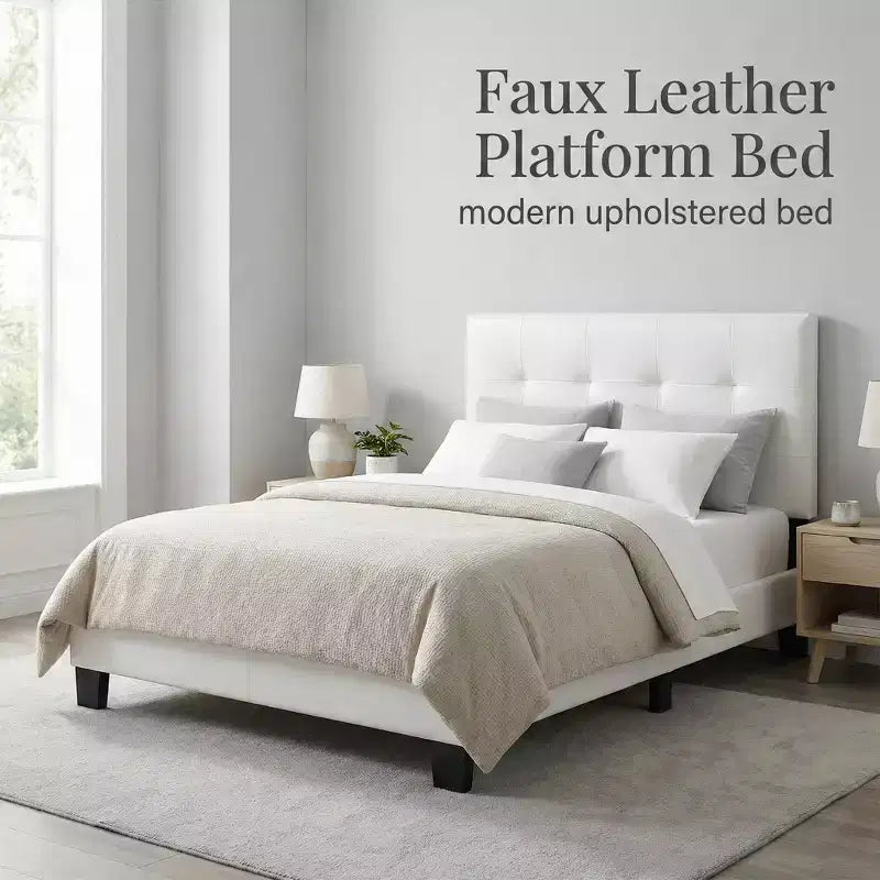 Contemporary Faux Leather Platform Bed Frame with Adjustable Rectangle Headboard