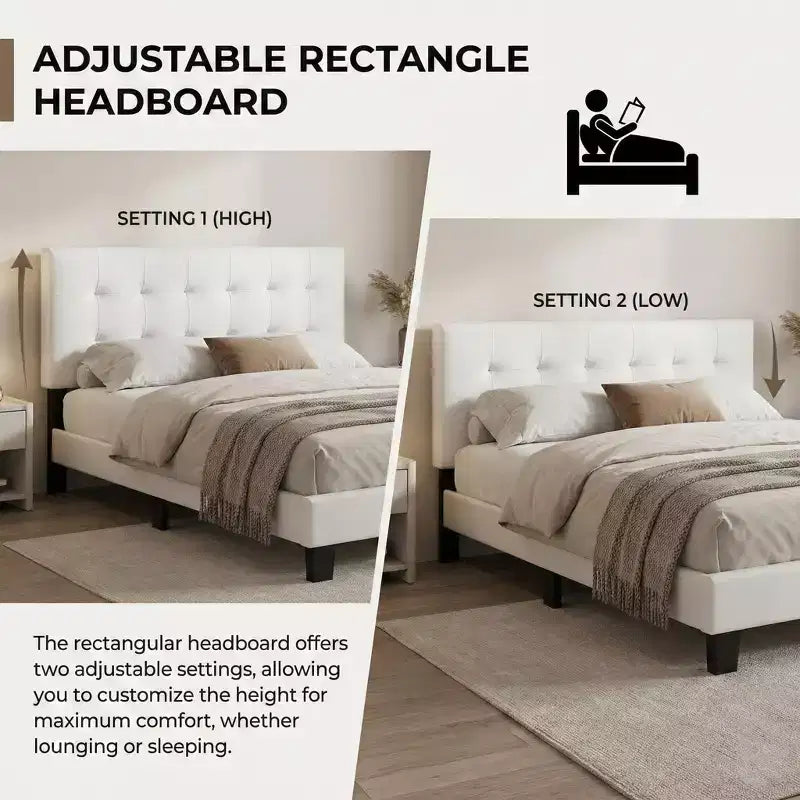 Contemporary Faux Leather Platform Bed Frame with Adjustable Rectangle Headboard
