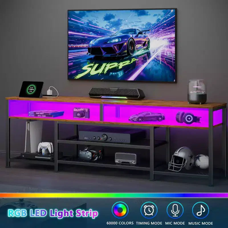 Mobile TV marrone da 71 pollici con stazione di ricarica Luci LED Centro Intrattenimento per TV fino a 80 pollici Consolle Multimediale Contenitore Moderno per Soggiorno Camera da Letto