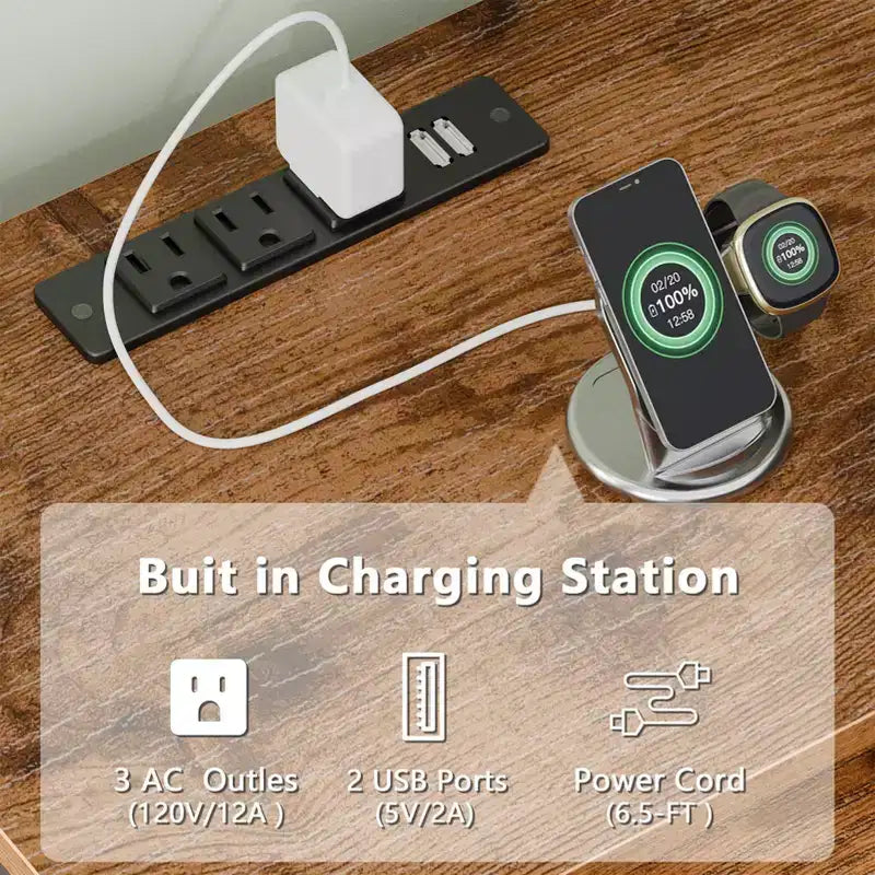 Mobile TV marrone da 71 pollici con stazione di ricarica Luci LED Centro Intrattenimento per TV fino a 80 pollici Consolle Multimediale Contenitore Moderno per Soggiorno Camera da Letto