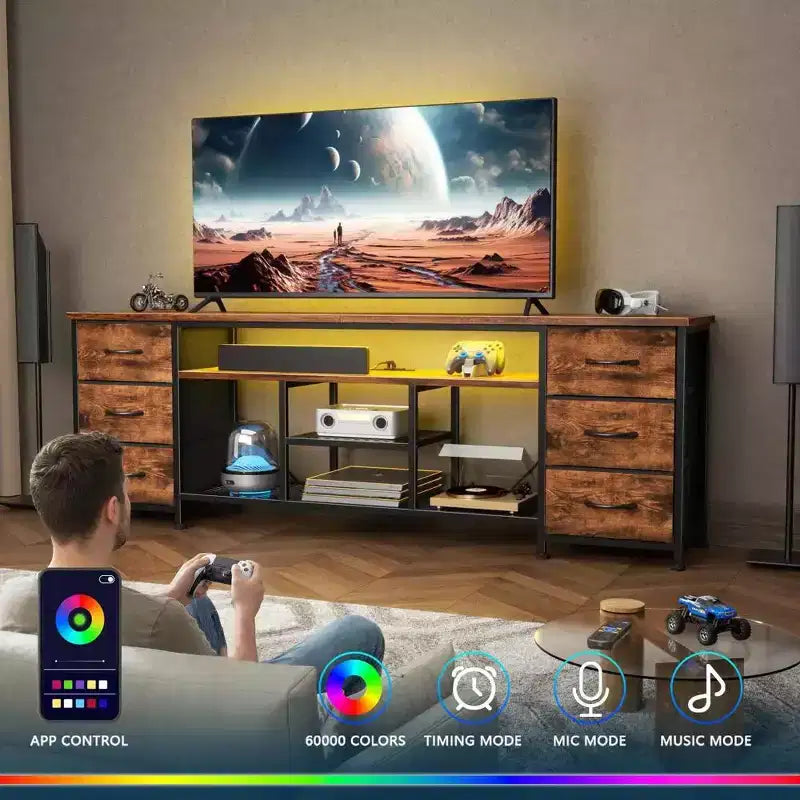 Mobile TV marrone da 71 pollici con cassettiera, stazione di ricarica, luci LED, 6 cassetti in tessuto, console multimediale in pelle PU per TV fino a 80 pollici, contenitore per camera da letto