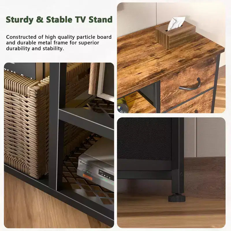 Mobile TV marrone da 71 pollici con cassettiera, stazione di ricarica, luci LED, 6 cassetti in tessuto, console multimediale in pelle PU per TV fino a 80 pollici, contenitore per camera da letto