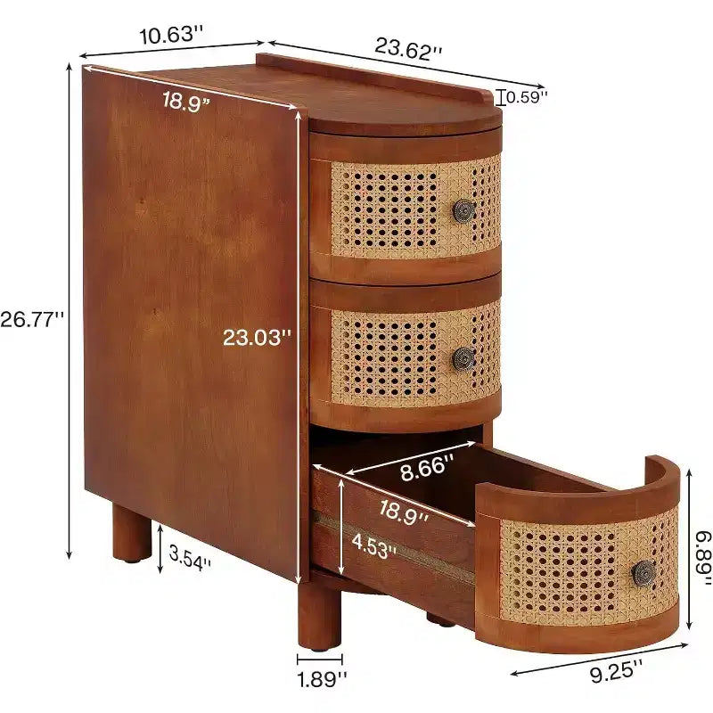 Comodino in Legno Massello con 3 Cassetti in Rattan, Tavolino Laterale da Divano in Stile Rustico con Maniglie Vintage Incise per Soggiorno, Camera da Leto, Nessun Montaggio