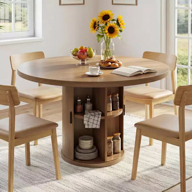 Tavolo da pranzo rotondo con piedistallo da 35,5 pollici, con ripiano portaoggetti, tavolo da pranzo con base in legno per cucina, angolo colazione, per spazi piccoli