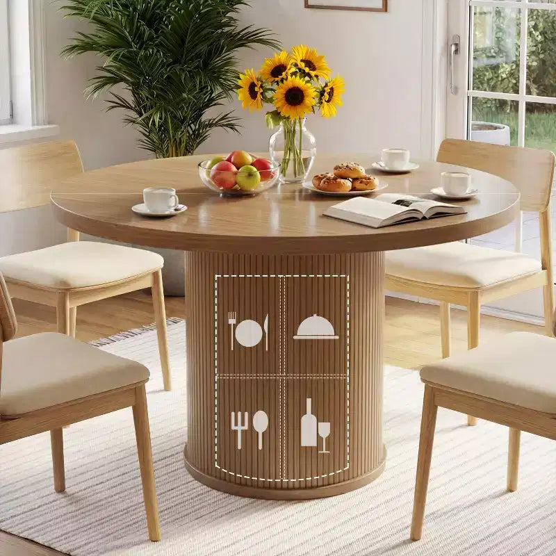 Tavolo da pranzo rotondo con piedistallo da 35,5 pollici, con ripiano portaoggetti, tavolo da pranzo con base in legno per cucina, angolo colazione, per spazi piccoli