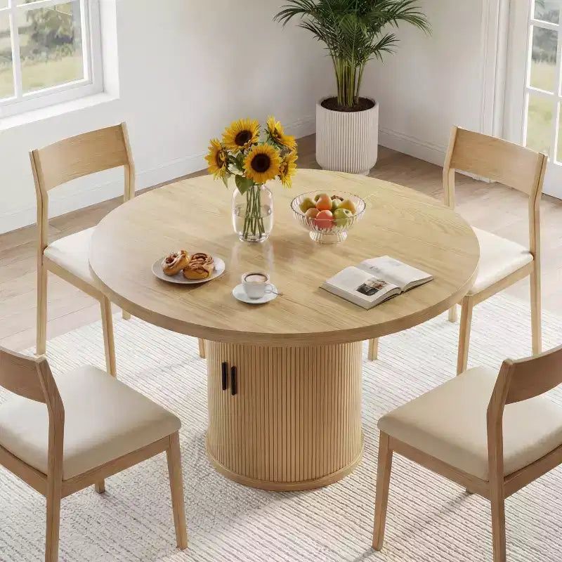Tavolo da pranzo rotondo con piedistallo da 35,5 pollici, con ripiano portaoggetti, tavolo da pranzo con base in legno per cucina, angolo colazione, per spazi piccoli