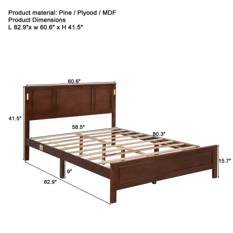 Letto moderno in legno con testiera, pediera e luci a pannello alto