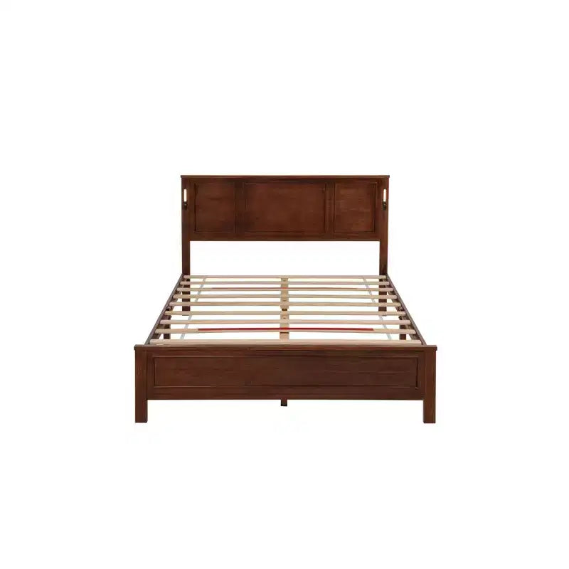 Letto moderno in legno con testiera, pediera e luci a pannello alto