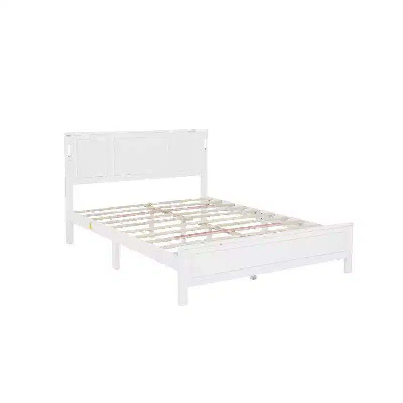 Modern Wood Frame Bed with Tall-Panel Headboard,Footboard and Lights