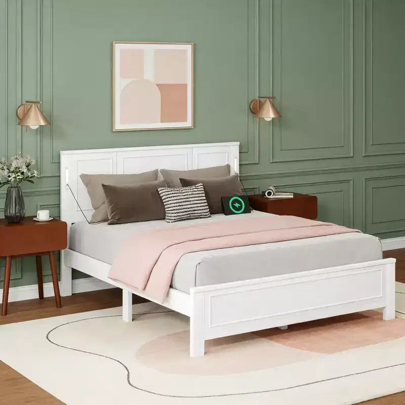 Modern Wood Frame Bed with Tall-Panel Headboard,Footboard and Lights