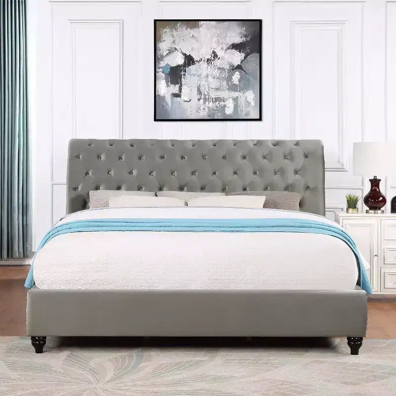 Contemporary Queen Size Velvet Upholstered Tufted Sleigh Bed