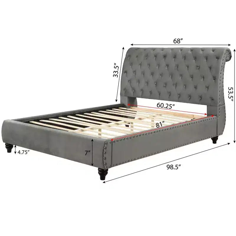 Contemporary Queen Size Velvet Upholstered Tufted Sleigh Bed