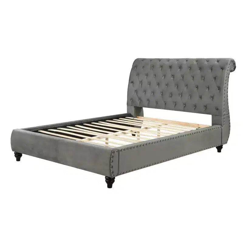 Contemporary Queen Size Velvet Upholstered Tufted Sleigh Bed
