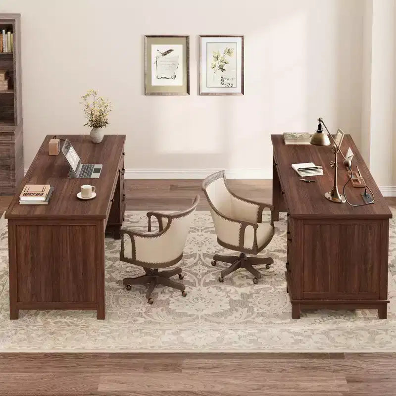 Scrivania doppia in legno rustico con 4 cassetti per documenti, tavolo da scrittura per 2 persone con spaziosa doppia postazione di lavoro per ufficio domestico