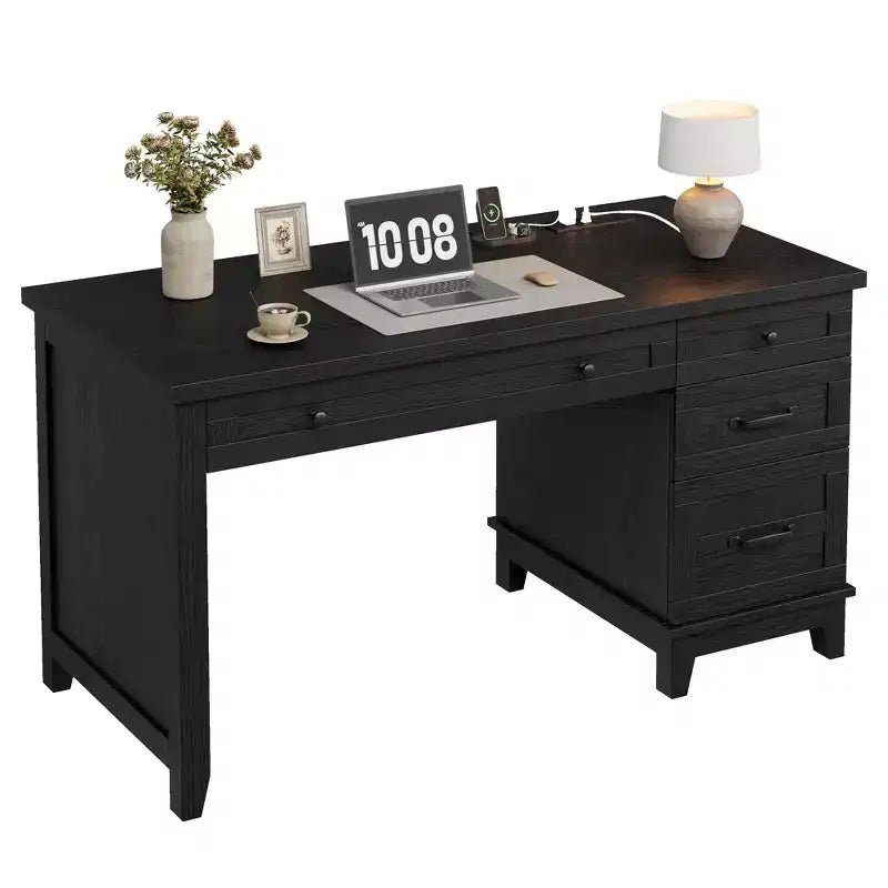 Rustic Wood Double Desk with 4 File Drawers, 2-Person Writing Table with Spacious Dual Workstation for Home Office