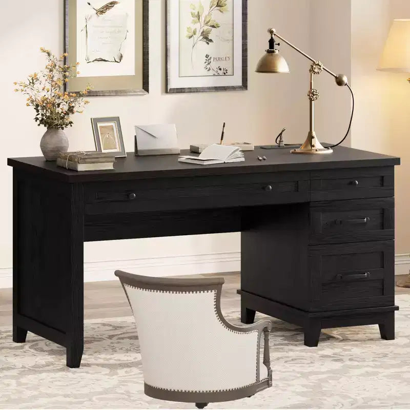 Rustic Wood Double Desk with 4 File Drawers, 2-Person Writing Table with Spacious Dual Workstation for Home Office
