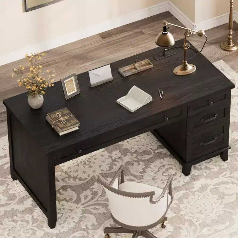 Rustic Wood Double Desk with 4 File Drawers, 2-Person Writing Table with Spacious Dual Workstation for Home Office