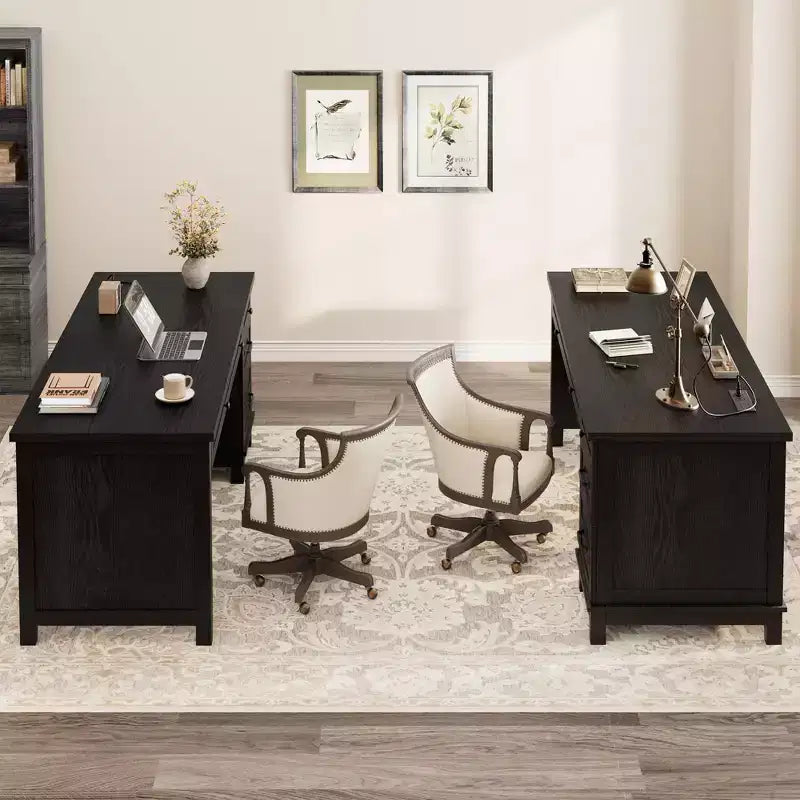Rustic Wood Double Desk with 4 File Drawers, 2-Person Writing Table with Spacious Dual Workstation for Home Office